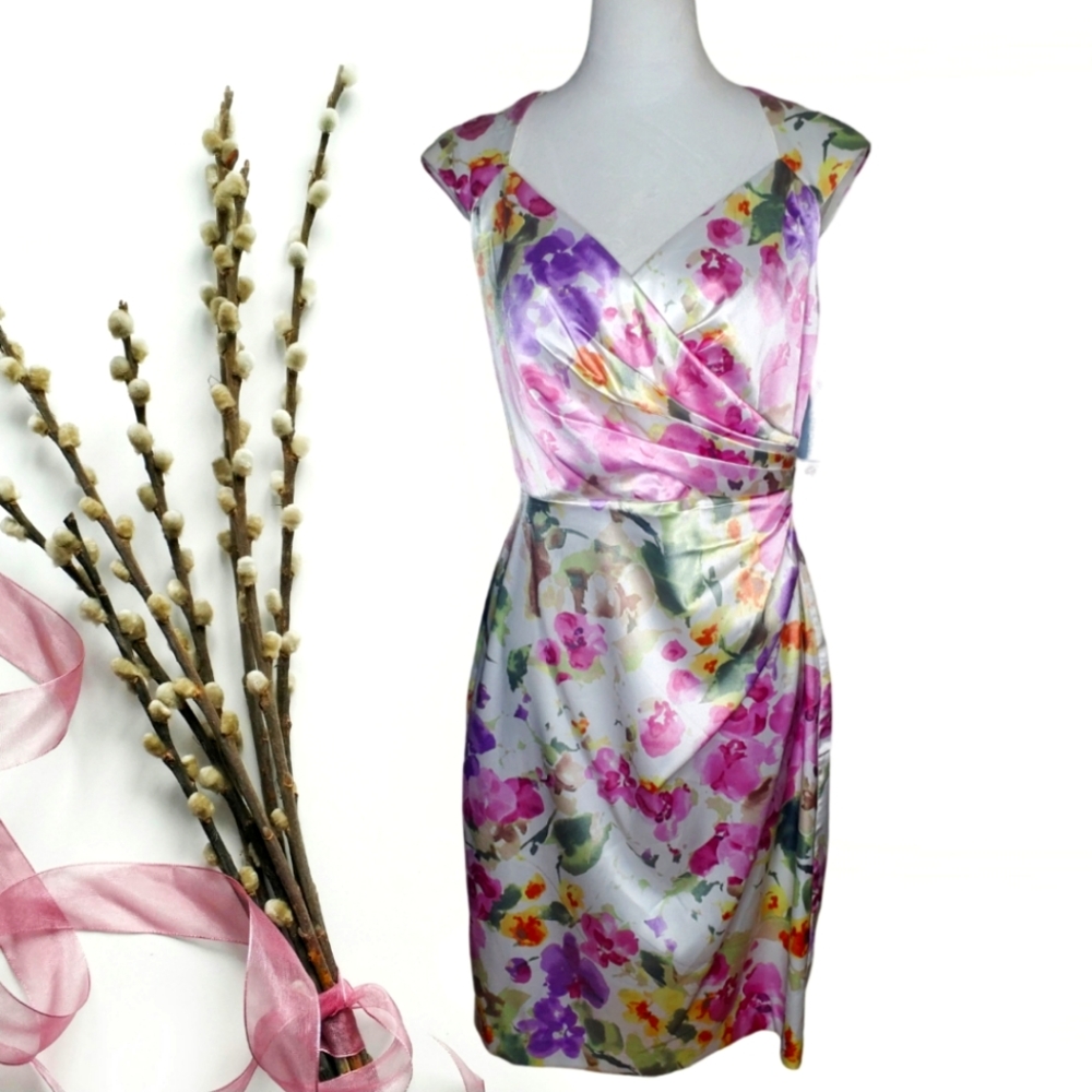 London Times Pastel Florals Ruched Cut Out Dress